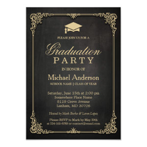 Elegant Black Gold Vintage Frame Graduation Party Card