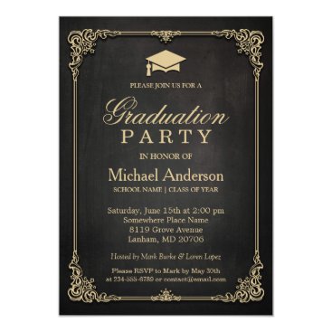 Elegant Black Gold Vintage Frame Graduation Party Invitation Elegant Black Gold Vintage Frame Graduation Party Invitation