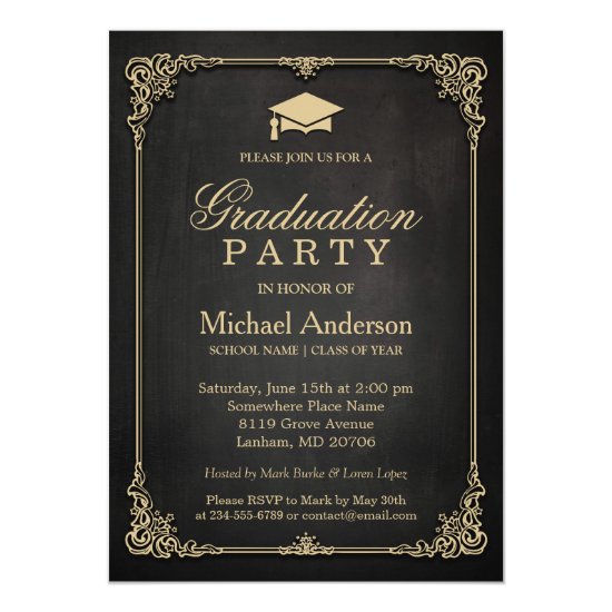 Elegant Black Gold Vintage Frame Graduation Party Invitation