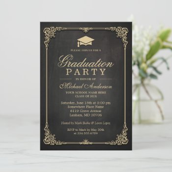 Elegant Black Gold Vintage Frame Graduation Party Invitation by CardHunter at Zazzle