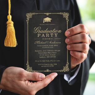 Elegant Black Gold Vintage Frame Graduation Party Invitation