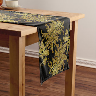 Elegant Black & Gold Vintage Lace & Glitter Flower Short Table Runner