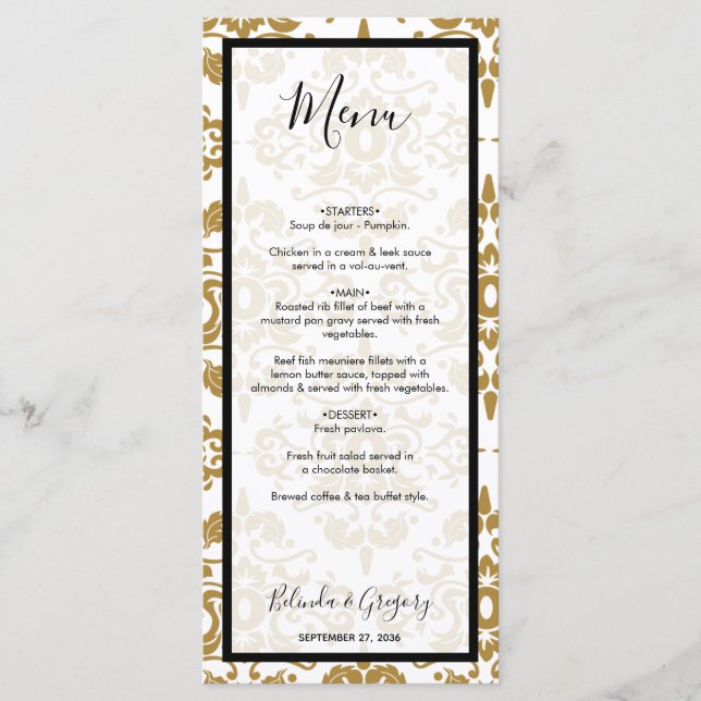 Elegant Black Gold Vintage Wedding  Menu (Front)