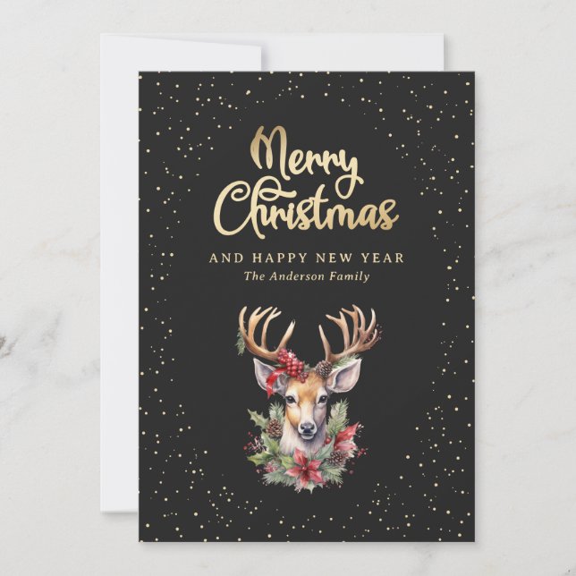 Elegant Black Gold Watercolor Deer Snow Holiday Card (Front)