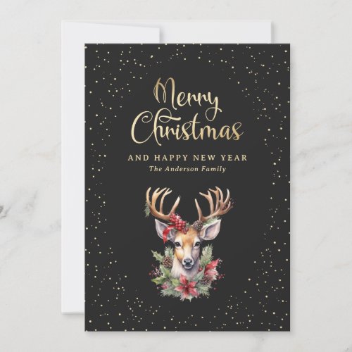 Elegant Black Gold Watercolor Deer Snow Holiday Card