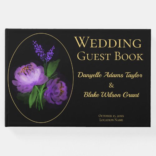 Elegant Black  Gold Watercolor Floral Wedding Gu Guest Book