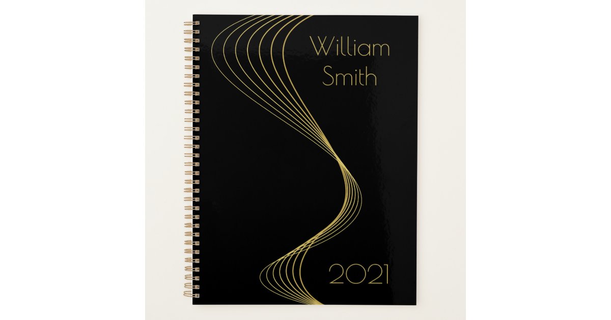 Elegant Black Gold Wavy Lines Planner | Zazzle