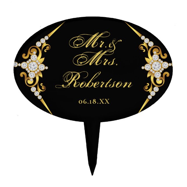Elegant Black Gold Wedding Cake Topper (Front)