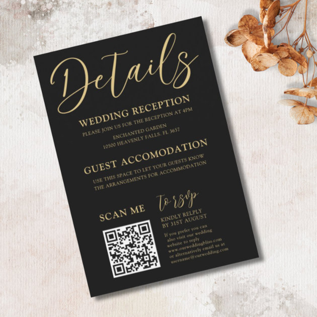 Elegant Black & Gold Wedding Details Enclosure Card | Zazzle