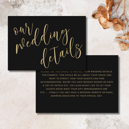 Elegant Black  Gold Wedding Details Enclosure Card