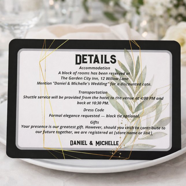 Elegant Black & Gold Wedding Details Olive Branch Enclosure Card (Creator Uploaded)