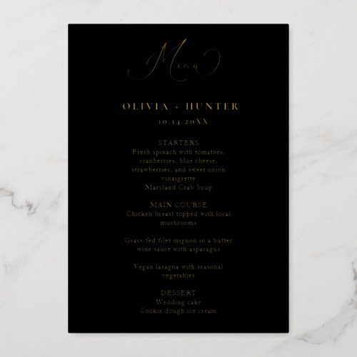 Elegant Black  Gold Wedding Dinner Menu Cards