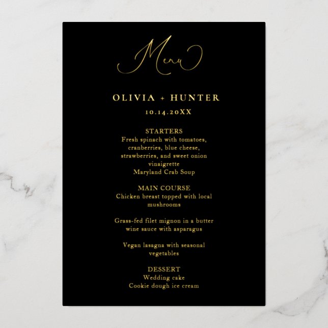 Elegant Black & Gold Wedding Dinner Menu Cards (Front)
