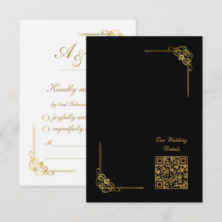 Elegant Black Gold Wedding Event QR Code RSVP Card