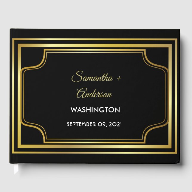 Elegant Black Gold Wedding Guest Book (Front)
