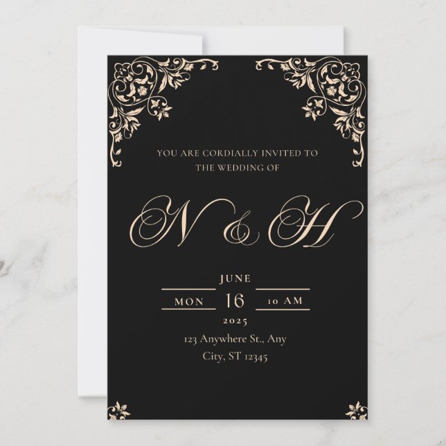 Elegant Black & Gold wedding invitation  (Front)
