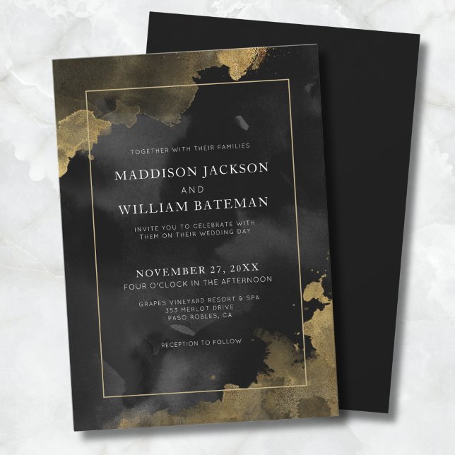 Elegant Black Gold Wedding Invitation (Elegant Watercolor Black Gold Wedding Invitation)