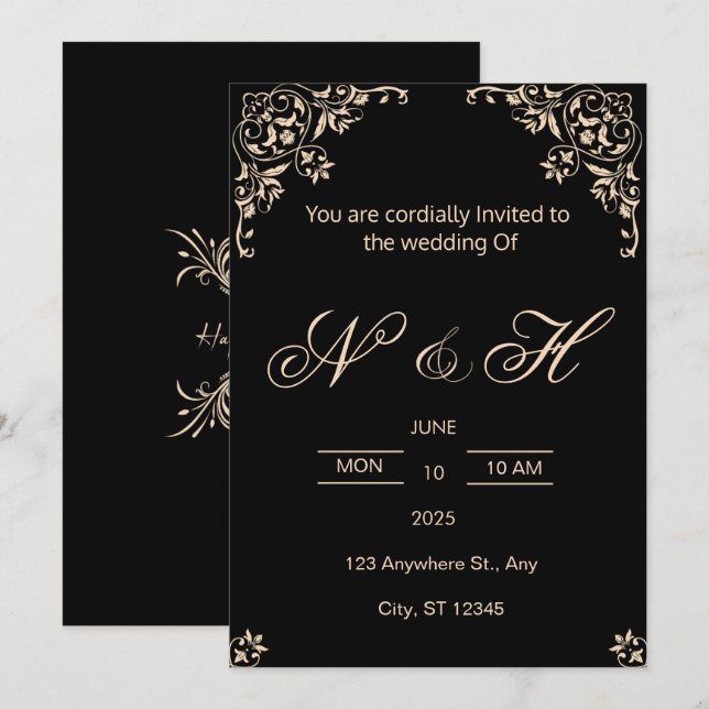 Elegant Black & Gold wedding invitation  (Front/Back)