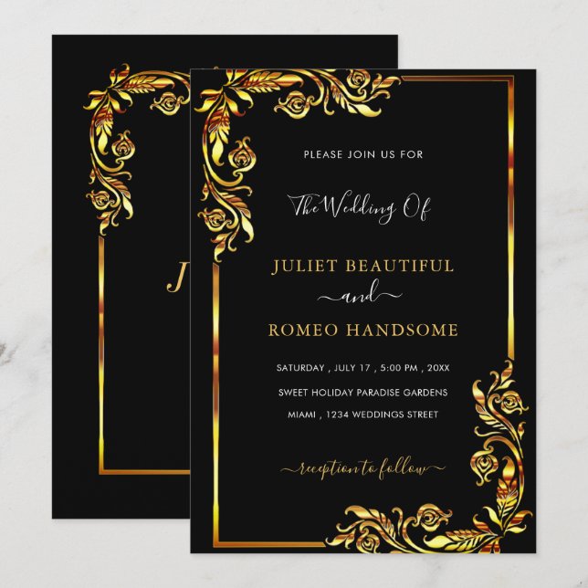 Elegant Black Gold Wedding Invitation Template (Front/Back)
