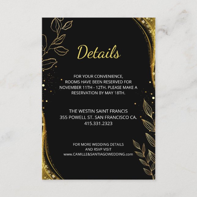 Elegant Black Gold Wedding Leaf Design Details Enclosure Card (Front)