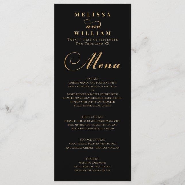 Elegant Black Gold Wedding Menu (Front)