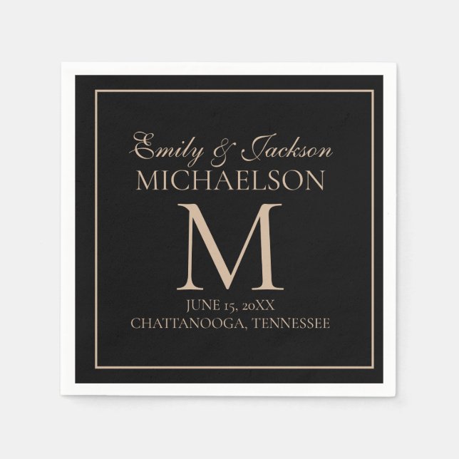 Elegant Black Gold Wedding Monogram Napkins (Front)