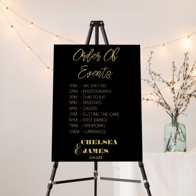 Elegant Black Gold Wedding Order Of Events Sign  (In Situ (Stand))