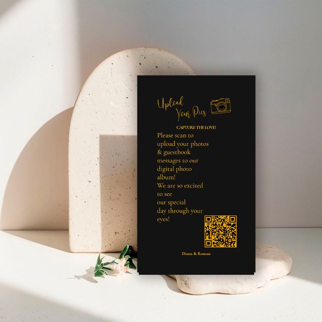 Elegant Black Gold Wedding Photo Sharing QR Code   Enclosure Card (Creator Uploaded)