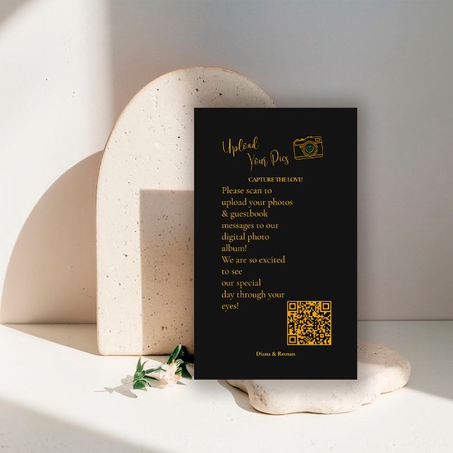 Elegant Black Gold Wedding Photo Sharing QR Code   Enclosure Card (Creator Uploaded)