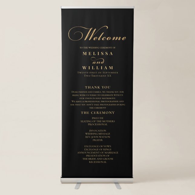 Elegant Black Gold Wedding Program Welcome Retractable Banner (Front)
