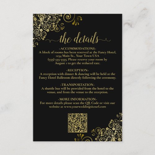 Elegant Black  Gold Wedding QR Code Details Enclosure Card