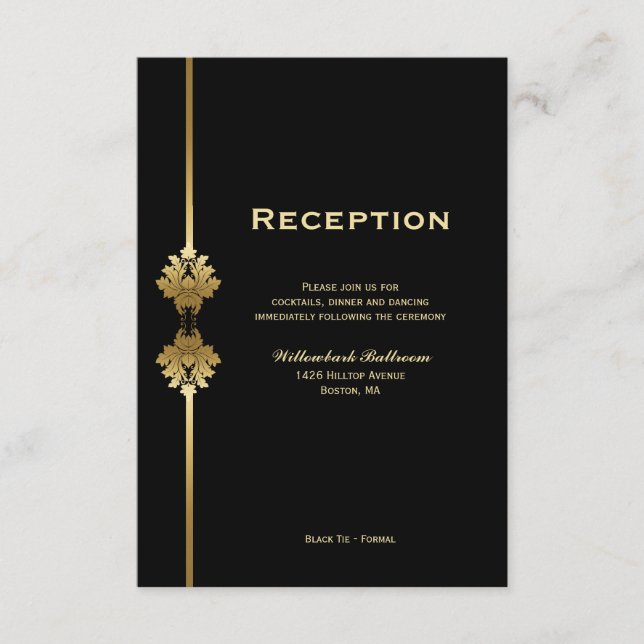 Elegant Black Gold Wedding Reception Enclosure Card (Front)
