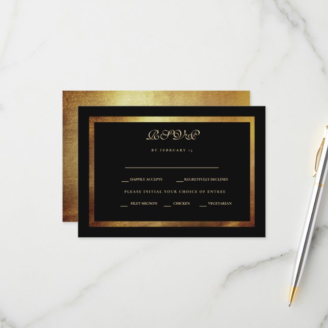 Elegant Black & Gold Wedding RSVP (Front/Back In Situ)
