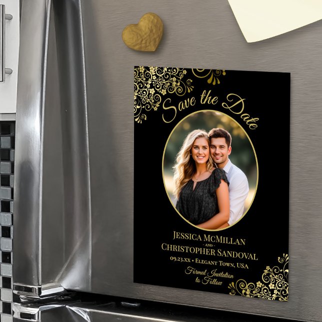 Elegant Black & Gold Wedding Save the Date Photo Magnetic Invitation (Magnetic Back for Easy Display!)