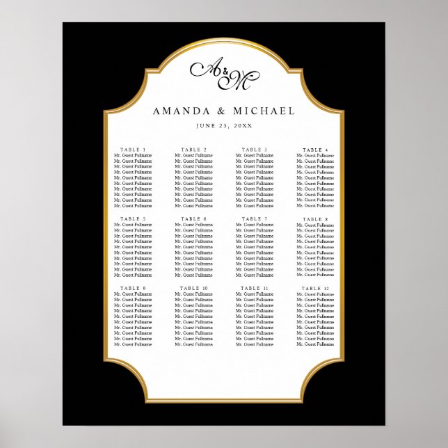 Elegant Black | Gold Wedding Seating Chart (Front)