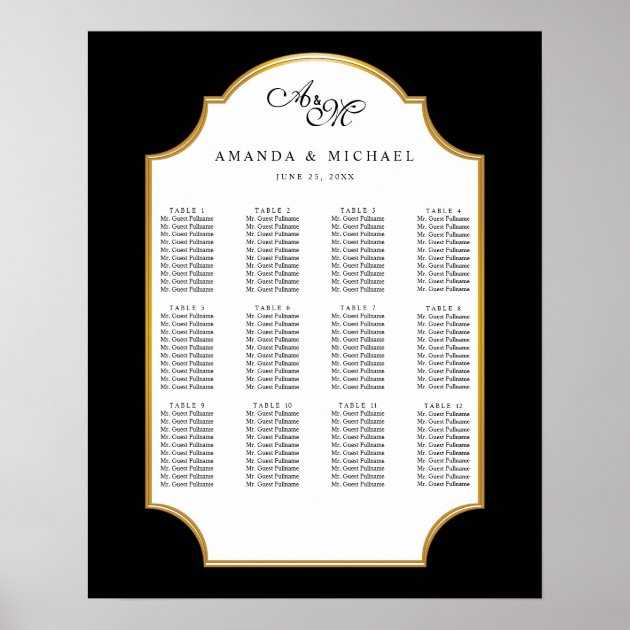 Elegant Black | Gold Wedding Seating Chart Poster