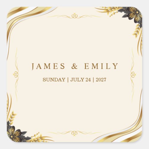 Elegant Black & Gold Wedding Square Sticker