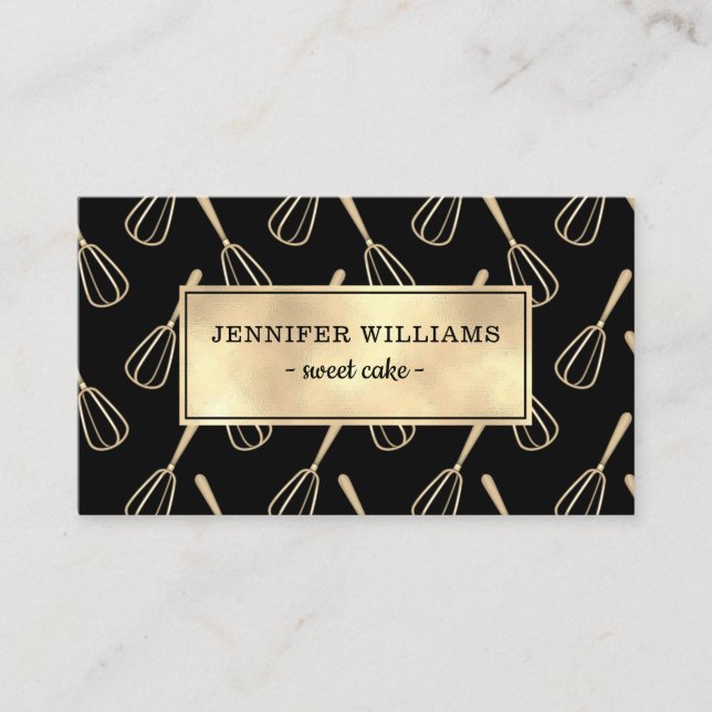 Elegant Black Gold Whisk Baking Business Card (Front)