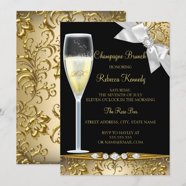Elegant Black Gold White Champagne Brunch Invite (Front/Back)
