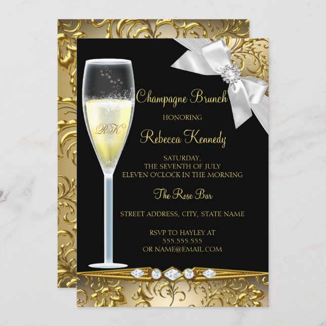 Elegant Black Gold White Champagne Brunch Invite (Front/Back)