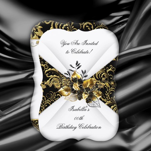 Elegant Black Gold White Floral Birthday Party  Invitation