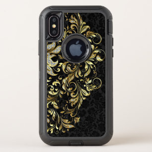 Elegant Black Gold & White Glitter Floral Lace OtterBox Defender iPhone X Case