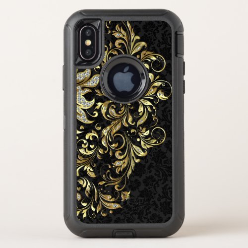 Elegant Black Gold  White Glitter Floral Lace OtterBox Defender iPhone X Case