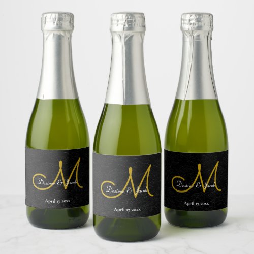 Elegant Black Gold White Modern Wedding Monogram Sparkling Wine Label