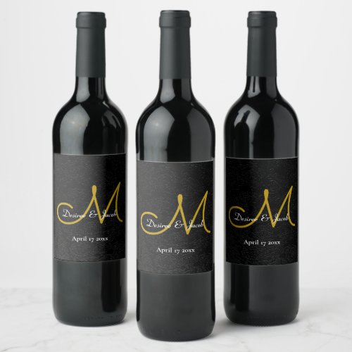 Elegant Black Gold White Modern Wedding Monogram Wine Label