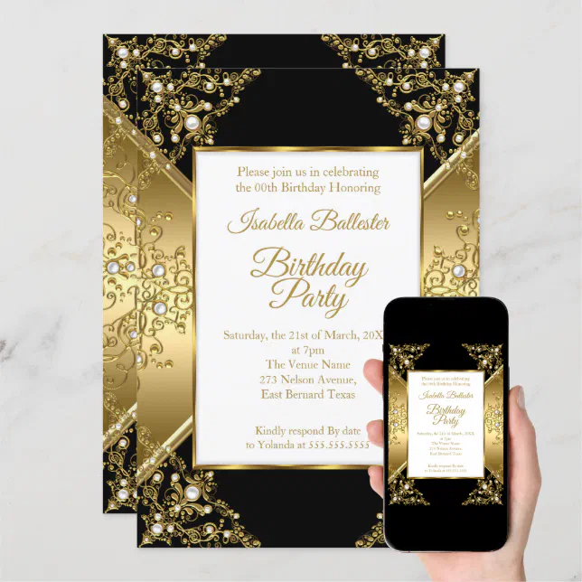 Elegant Black Gold White Pearl Birthday Party 2 Invitation | Zazzle