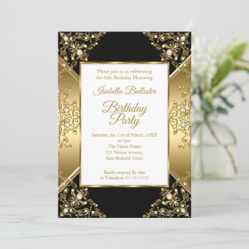 Elegant Black Gold White Pearl Birthday Party 2 Invitation | Zazzle