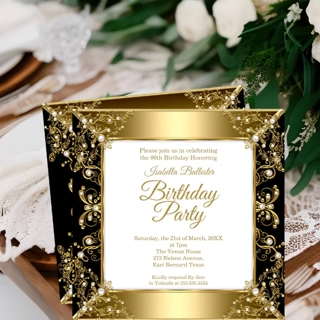 Elegant Black Gold White Pearl Birthday Party Invitation | Zazzle