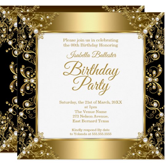 Elegant Black Gold White Pearl Birthday Party Invitation | Zazzle.com