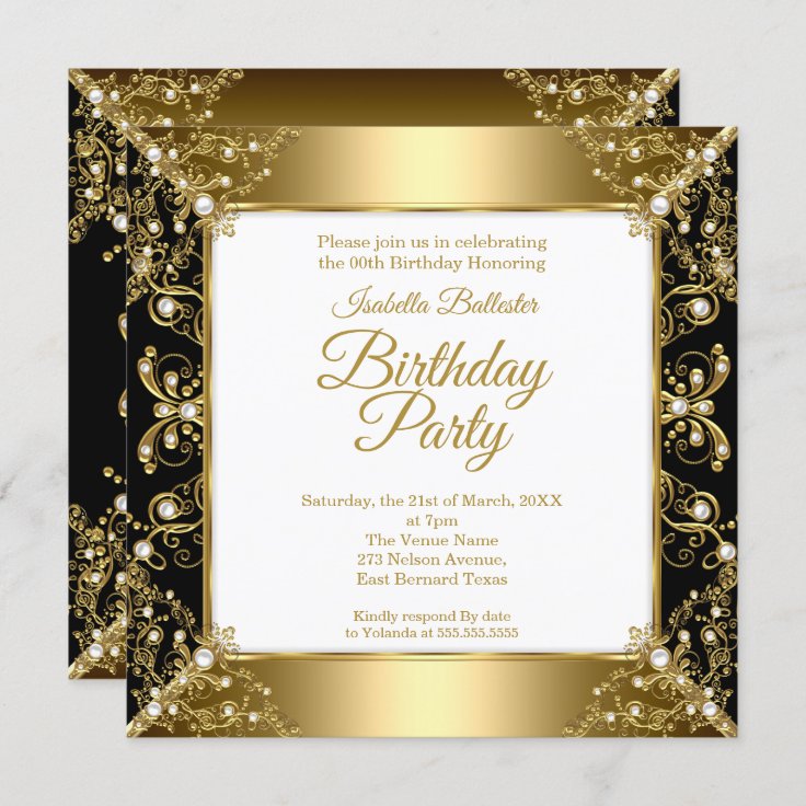 Elegant Black Gold White Pearl Birthday Party Invitation | Zazzle